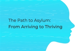 [ai] A graphic featuring a profile silhouette against a blue background with the text: 'The Path to Asylum: From Arriving to Thriving' in a modern font.